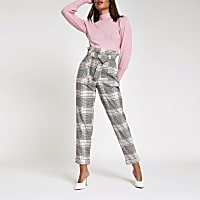 Pink check paperbag ring belt peg trousers