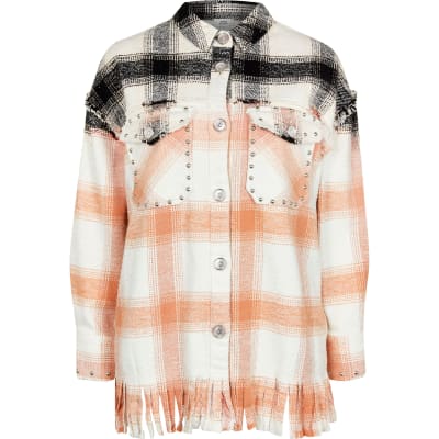 Pink check print studded oversized shirt