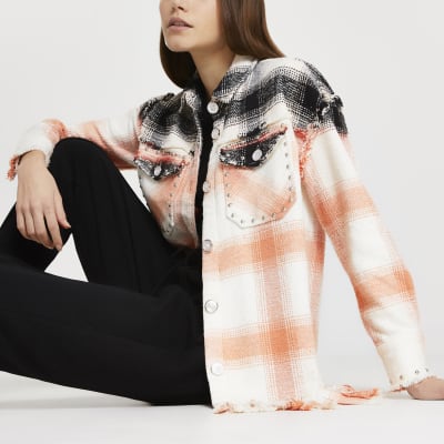 Pink check print studded oversized shirt