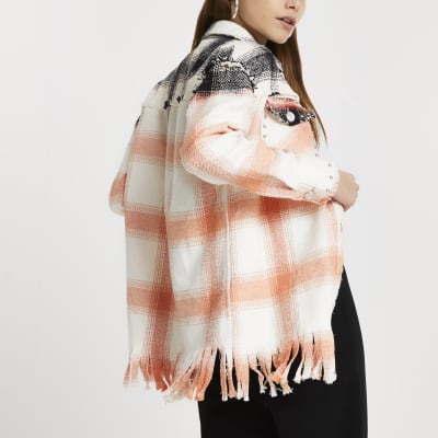 Pink check print studded oversized shirt