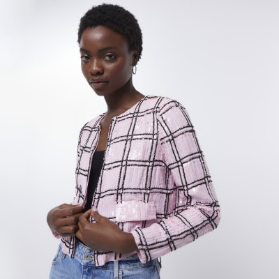 Pink Check Sequin Crop Trophy Jacket River Island