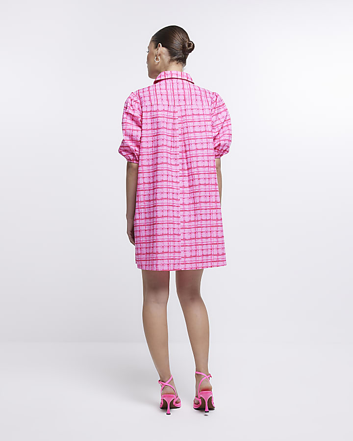 Pink check short sleeve mini shirt dress