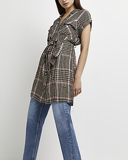 Pink checked belted shirt