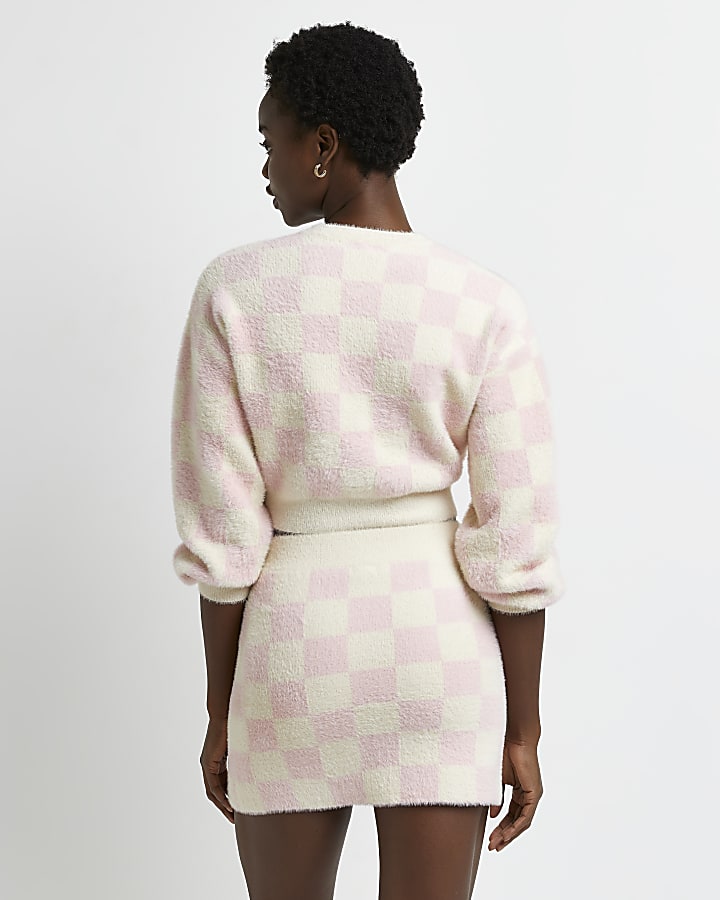 Pink checkerboard fluffy mini skirt