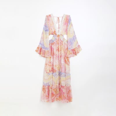 Pink chiffon abstract print beach maxi dress River Island