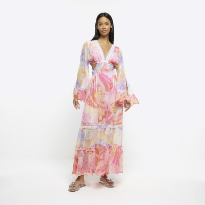 Pink chiffon abstract print beach maxi dress | River Island