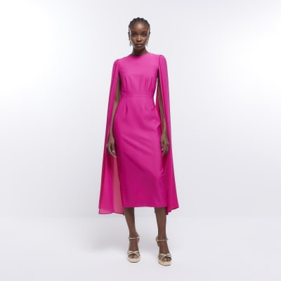 Pink chiffon cape sleeve midi dress | River Island