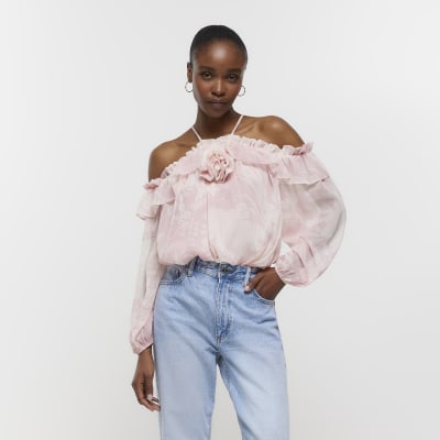 Black cold shoulder corsage blouse | River Island