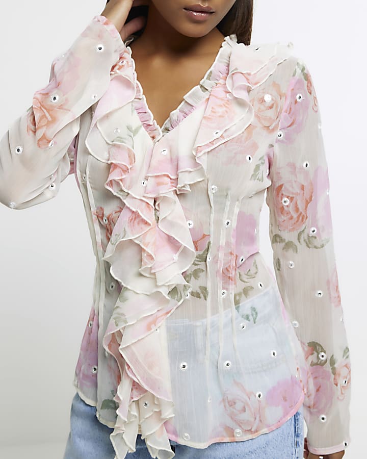 Pink chiffon floral frill blouse