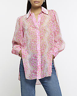 Pink chiffon floral longline shirt