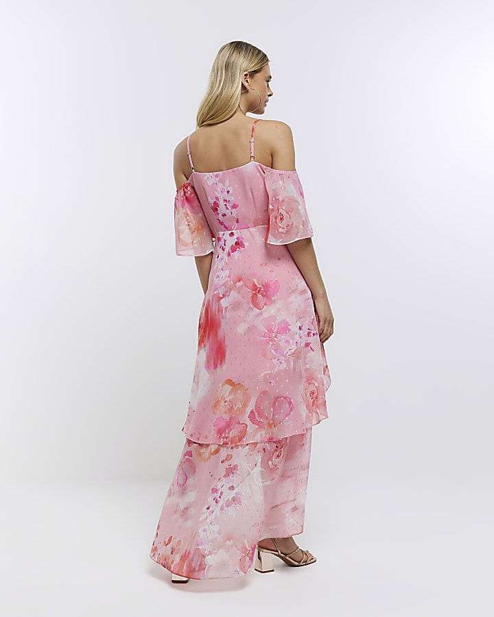 Pink chiffon floral smock maxi dress