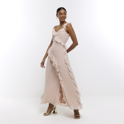 Pink chiffon frill slip maxi dress