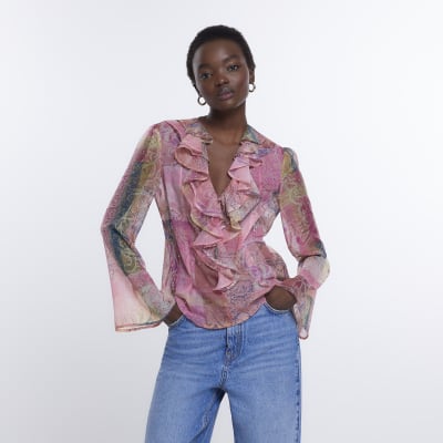 Pink chiffon paisley frill blouse | River Island