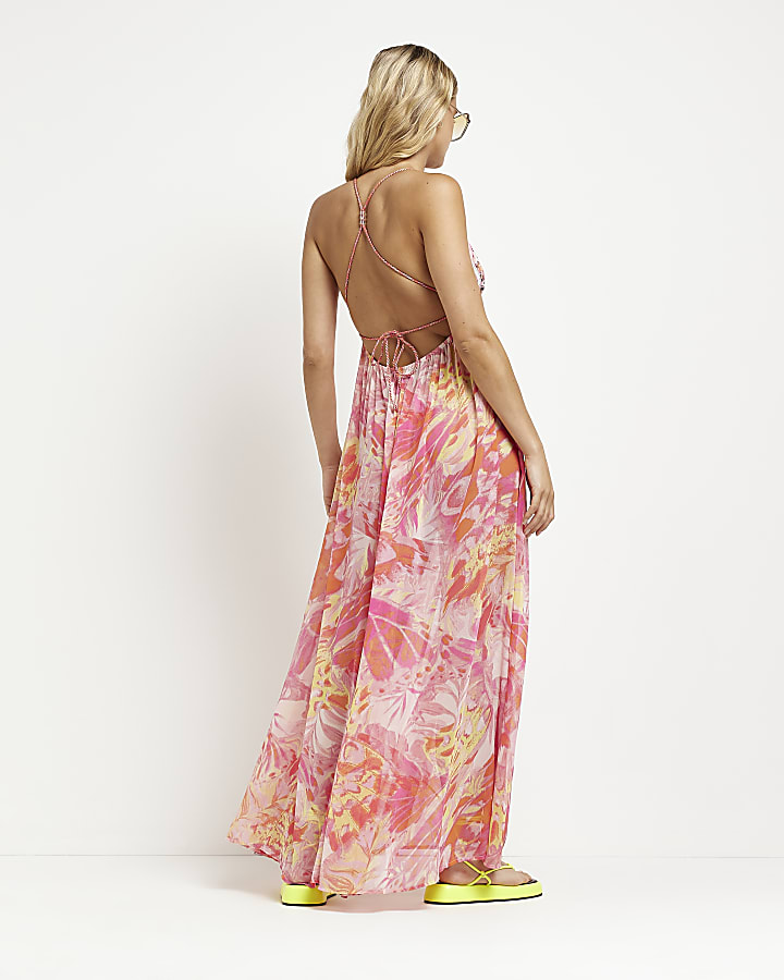 Pink chiffon printed beach maxi dress