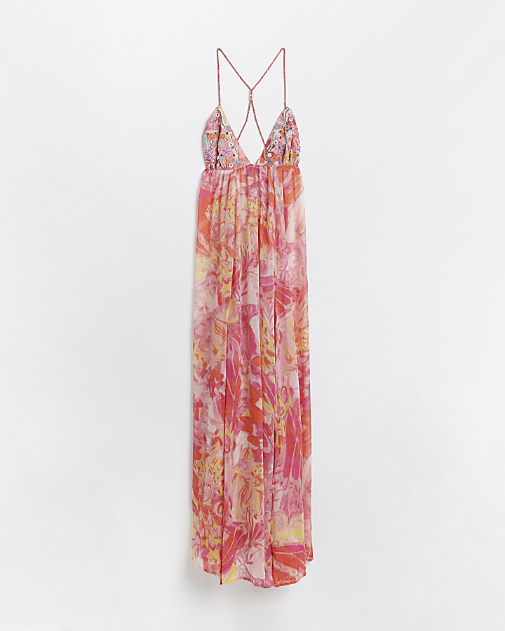 Pink chiffon printed beach maxi dress
