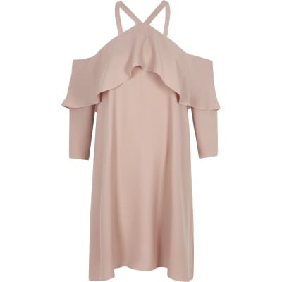 Pink cold shoulder frill swing dress