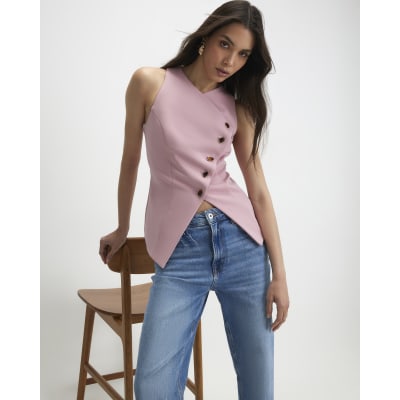 Pink Collarless Asymmetric Waistcoat