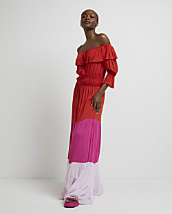 Pink colour block bardot maxi dress