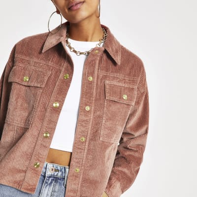 Pink cord cropped shacket River Island