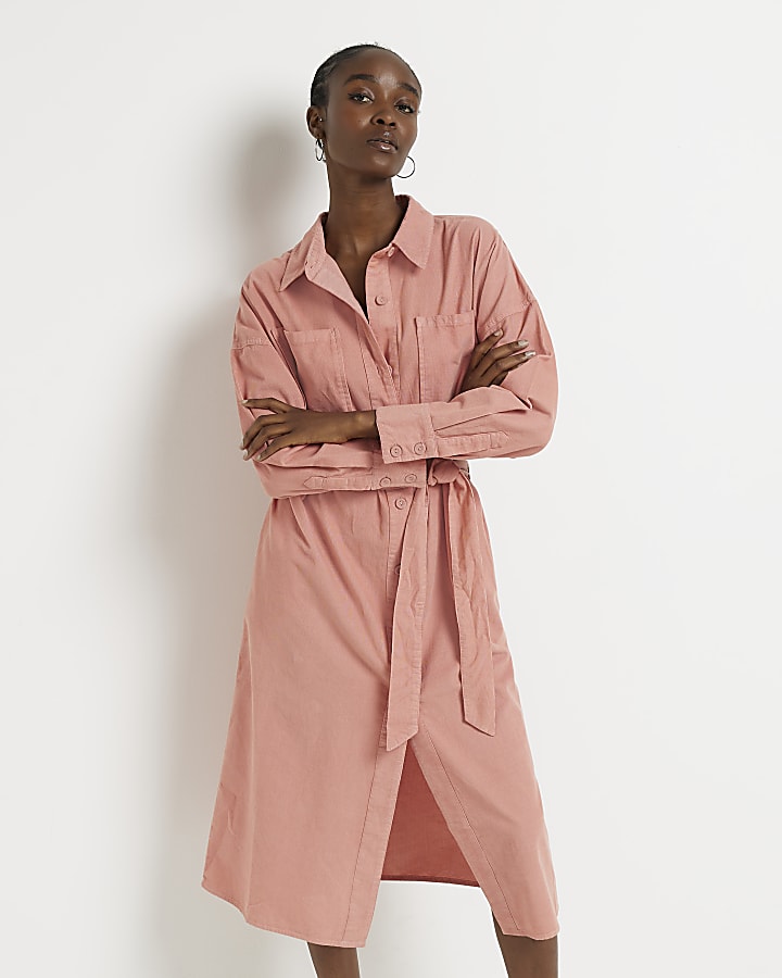 Pink corduroy long sleeve midi shirt dress
