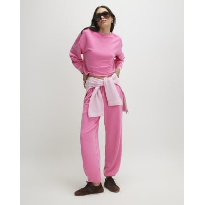 Pink Cotton Blend Burnout Cuffed Joggers