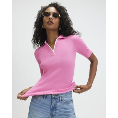 Pink Cotton Blend Ribbed Polo Top