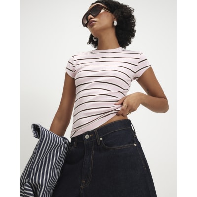 Cotton Blend Short Sleeve Striped Top