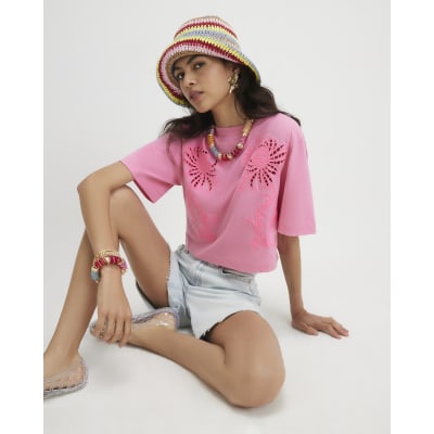 Cotton Cutwork Boxy Cropped T Shirt