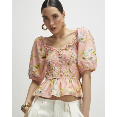 Pink Cotton Floral Puff Sleeve Shirred Top