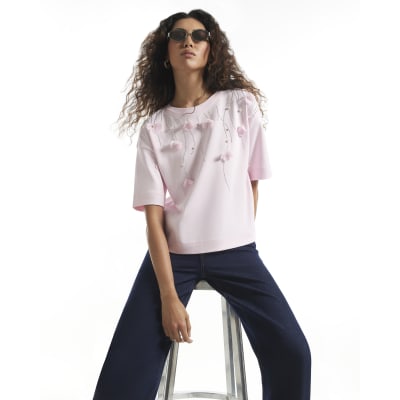 Cotton Petal Embellished T Shirt