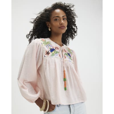 Pink Cotton Tropical Embroidered Smock Blouse