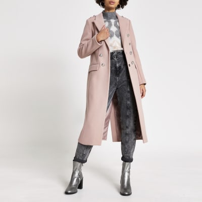 Pink crested button front longline coat | River Island