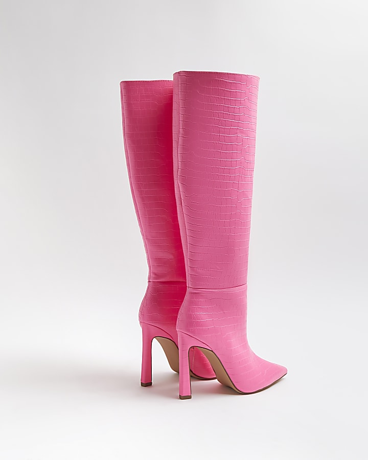 Pink croc embossed knee high boots