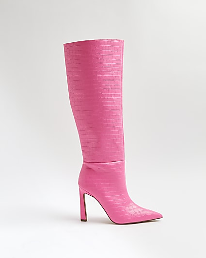 Pink croc embossed knee high boots