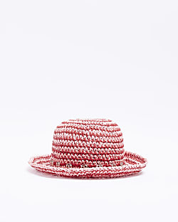 Pink crochet striped straw bucket hat
