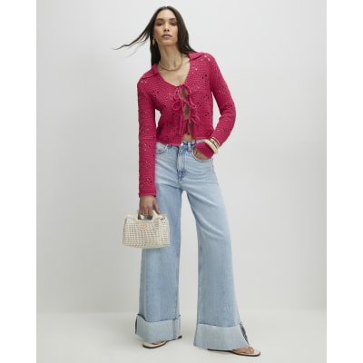Pink Crochet Tie Front Cardigan