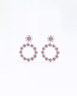 Pink crystal flower drop earrings
