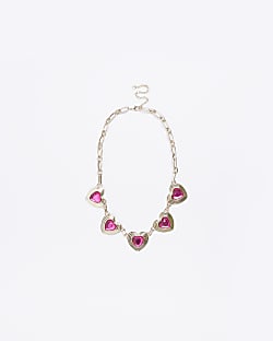Pink crystal heart collar necklace