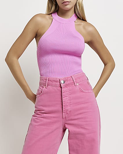Pink cut out halter neck top