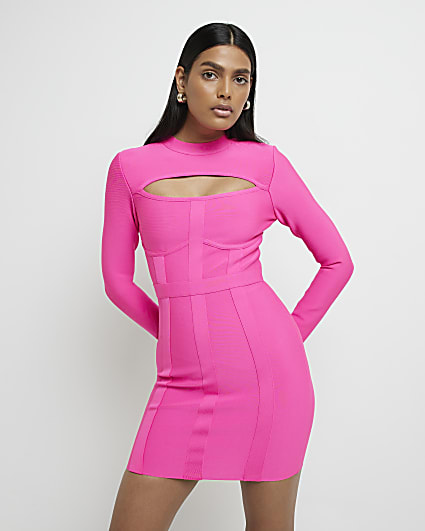 Pink cut out long sleeve bodycon mini dress