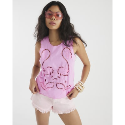 Pink Cutwork Tank Top