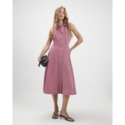 Denim Sleeveless Shirt Midi Dress