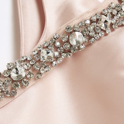 Pink Diamante Bardot Mini Dress | River Island