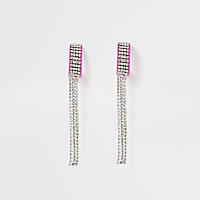 Pink diamante chain long tassel earrings