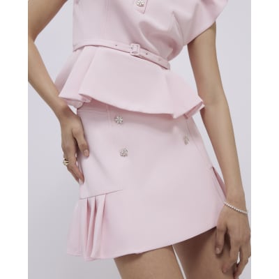 Pink Diamante Pleated Mini Skirt