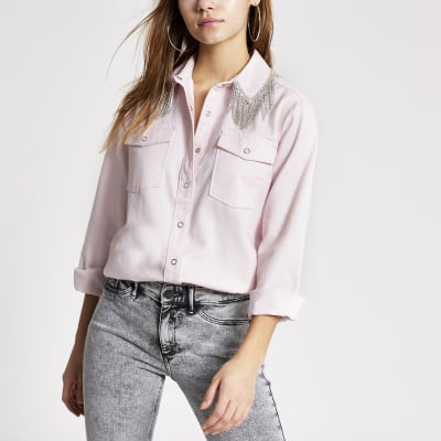 Pink diamante tassel collar denim shirt River Island