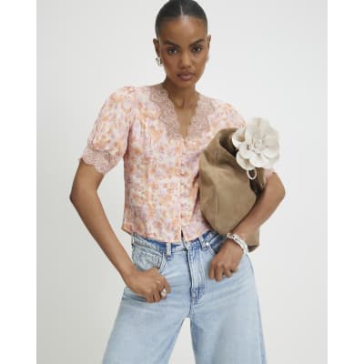 Pink Ditsy Floral Lace Trim Blouse
