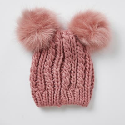 pink double pom pom hat