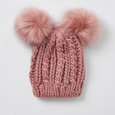 Pink Double Pom Pom Beanie Hat River Island