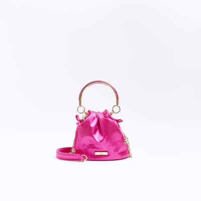 Pink drawstring satin bucket bag River Island